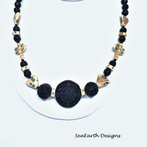Black Cinnabar and Porcelain Necklace